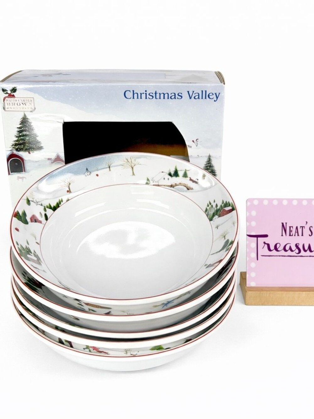 2002 David Carter Brown HOLIDAY Sakura CHRISTMAS VALLEY Soup Bowl Set 4 NEW